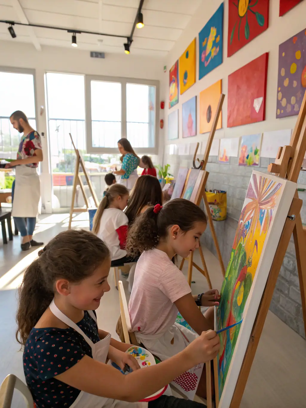 A group of seniors participating in a painting workshop, with easels and canvases set up in a bright, airy room at FOYER DES ANCIENS.