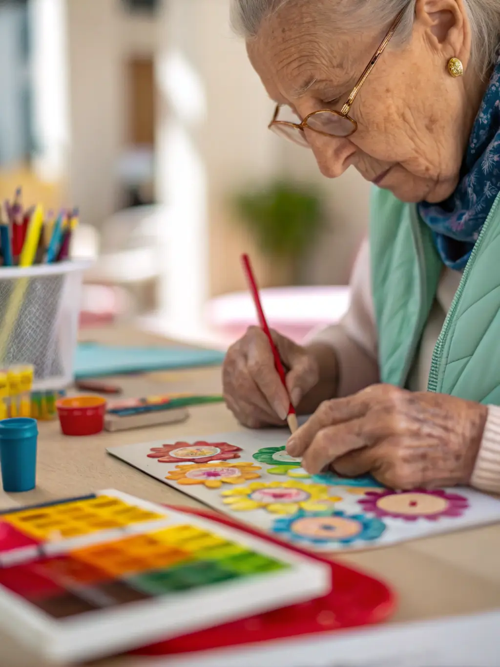 Seniors working on various craft projects, such as knitting and pottery, in a well-equipped craft room at FOYER DES ANCIENS, highlighting the diverse creative opportunities.