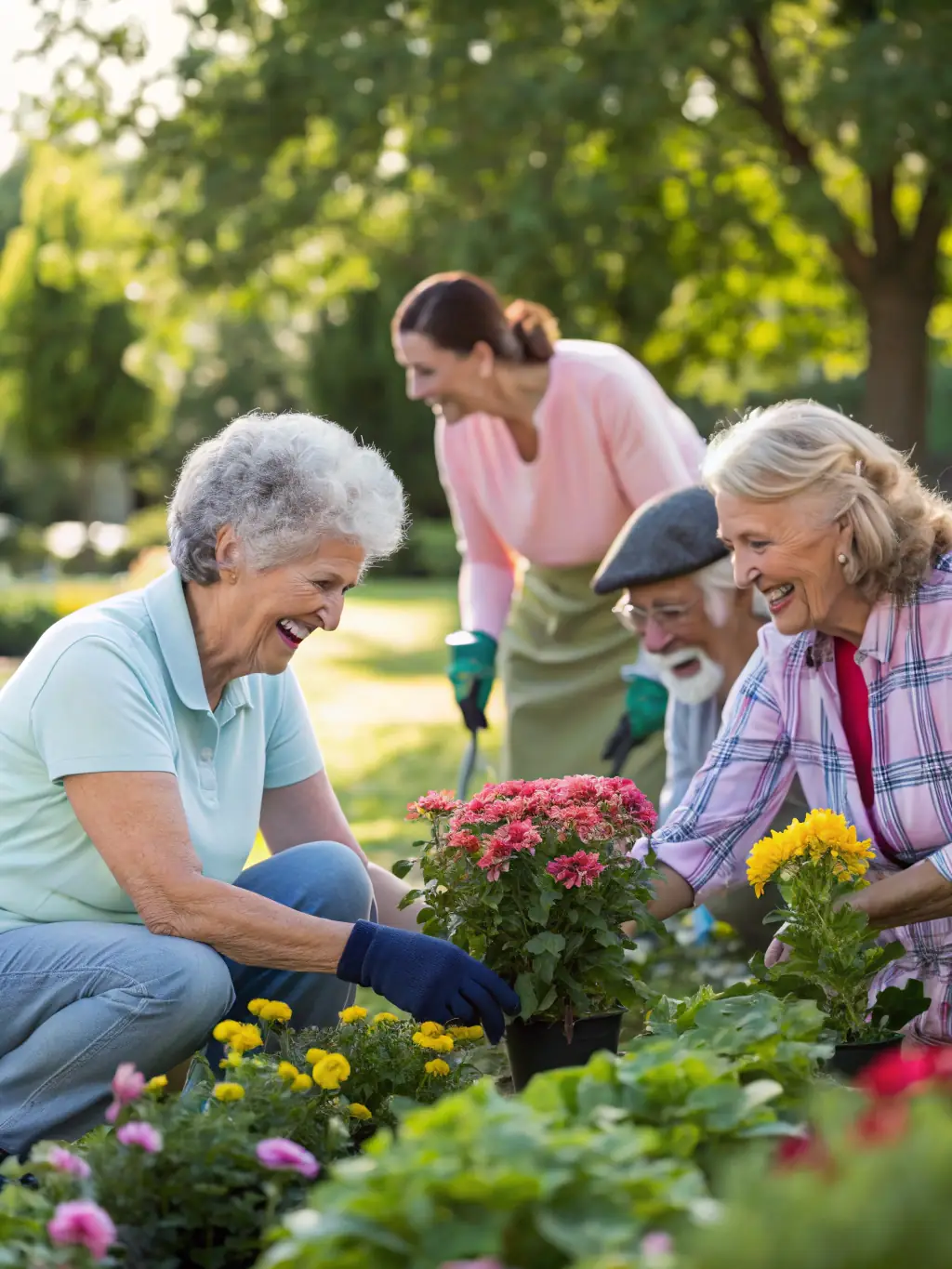 A group of seniors laughing and chatting together during a break at FOYER DES ANCIENS, emphasizing the social connections formed through the association.