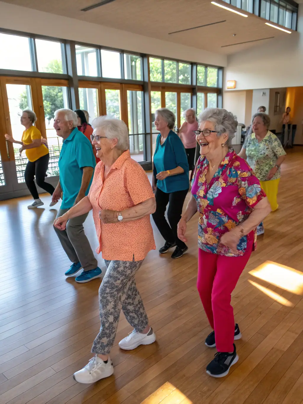 A group of seniors participating in a gentle dance class, guided by an instructor at FOYER DES ANCIENS, demonstrating the physical and mental benefits of dance.