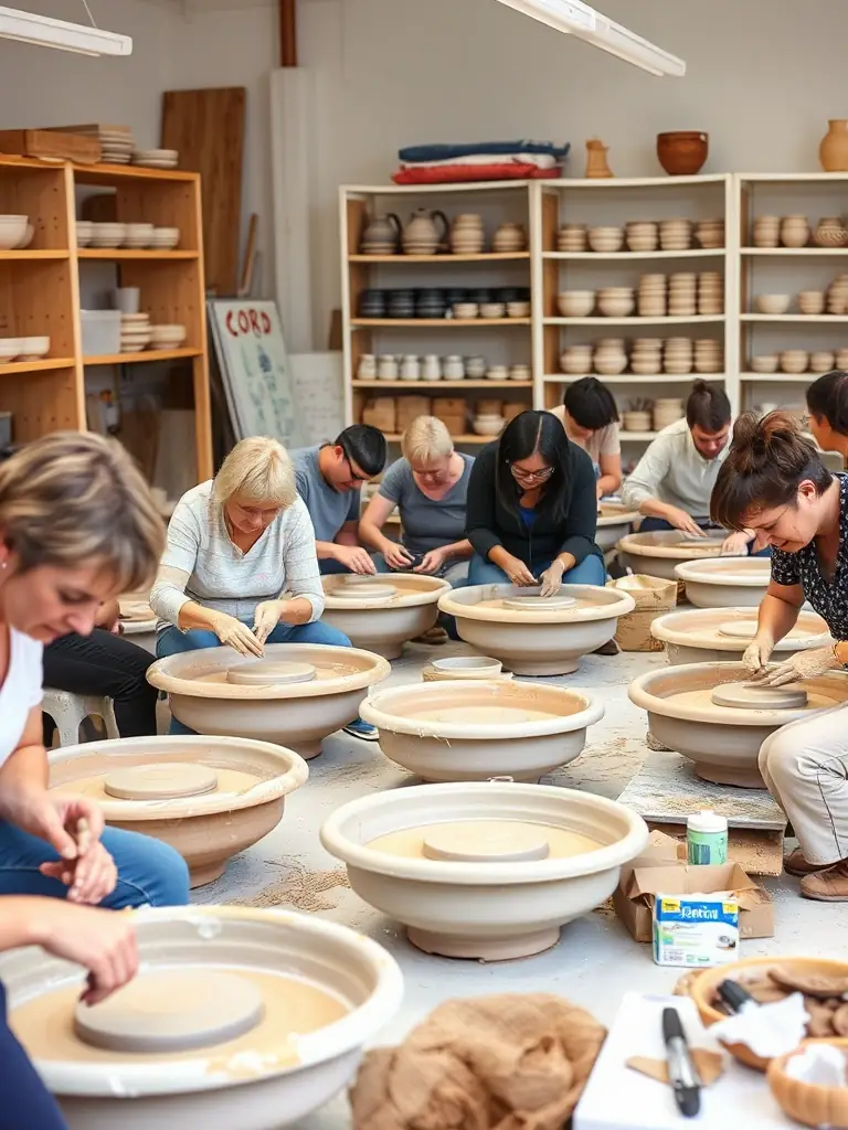 Seniors engaged in a pottery workshop at FOYER DES ANCIENS, showcasing the opportunity to learn new skills and express creativity.