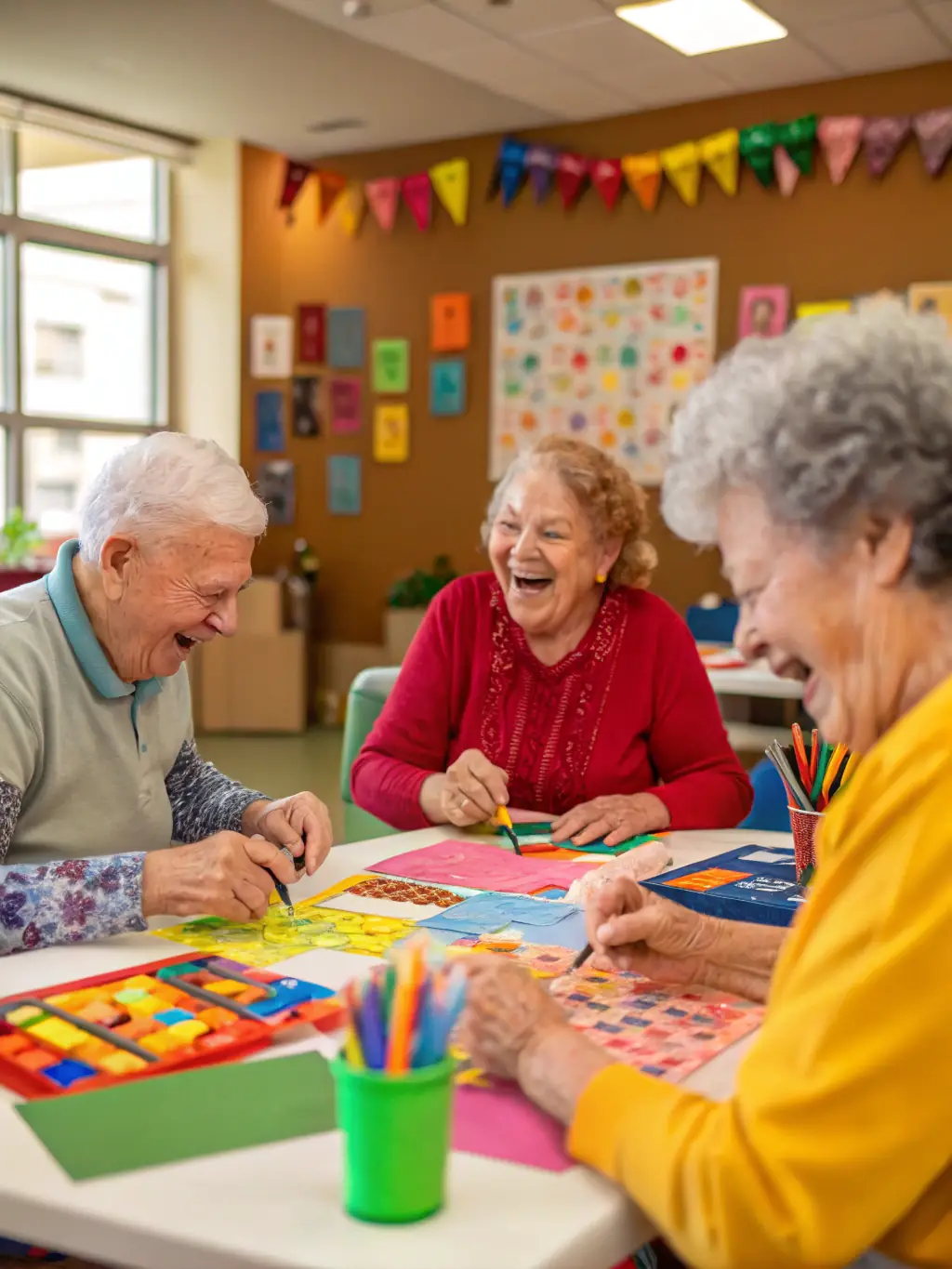 A diverse group of seniors collaborating on a collaborative art project at FOYER DES ANCIENS, symbolizing inclusivity and shared experiences.