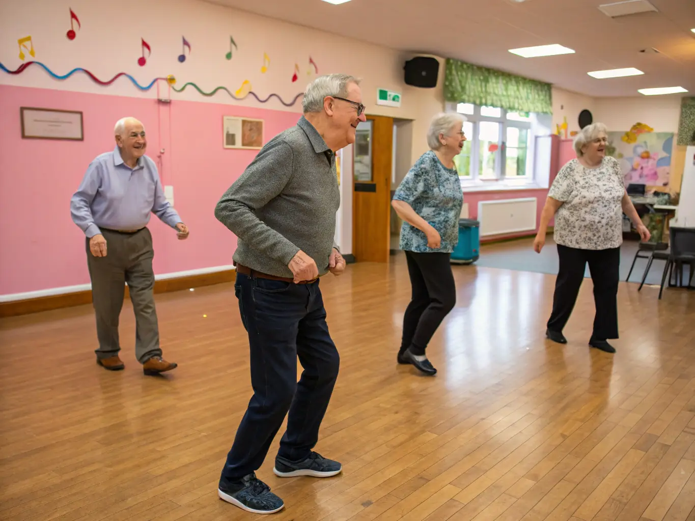 A photograph capturing seniors engaged in a lively dance session, moving gracefully to the rhythm of the music, highlighting the physical and emotional benefits of dance at FOYER DES ANCIENS.