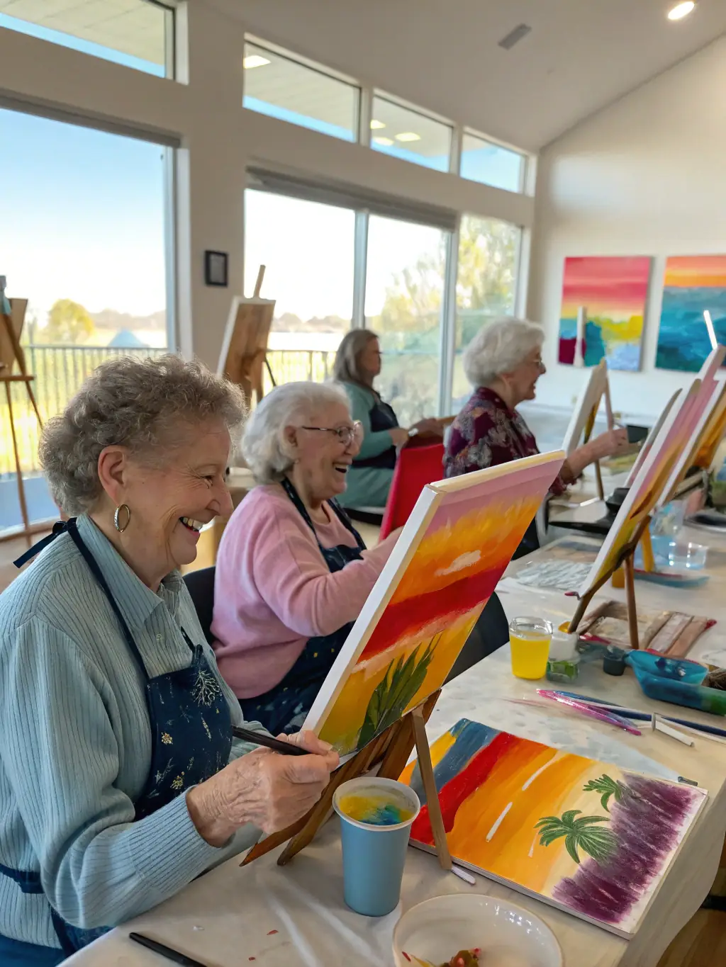 A group of seniors happily painting together in a bright, sunlit art studio at FOYER DES ANCIENS, showcasing the joy and creativity of the artistic workshops.