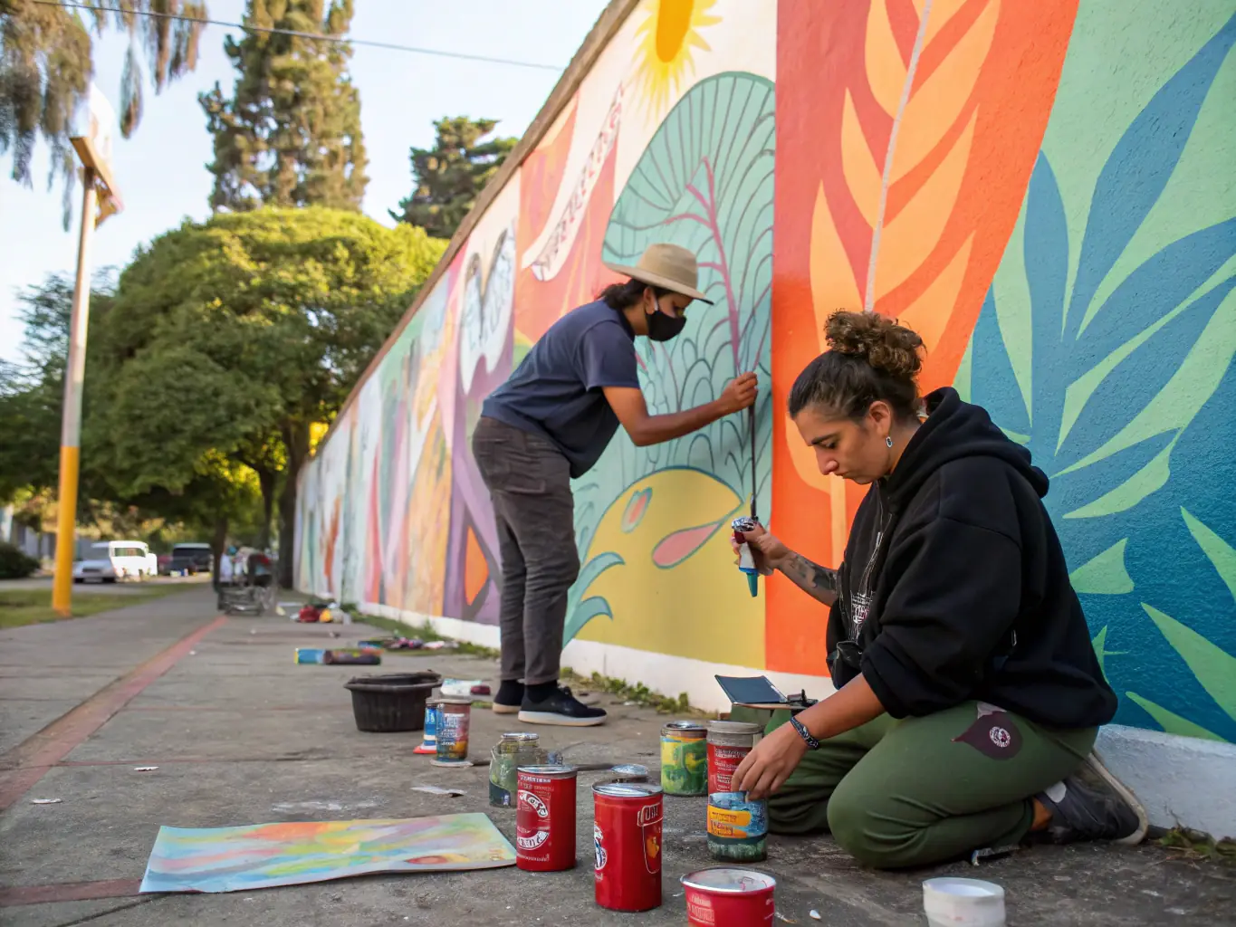 A heartwarming image of seniors collaborating on a vibrant mural, each brushstroke adding to the collective masterpiece, symbolizing the collaborative spirit and artistic expression encouraged at FOYER DES ANCIENS.