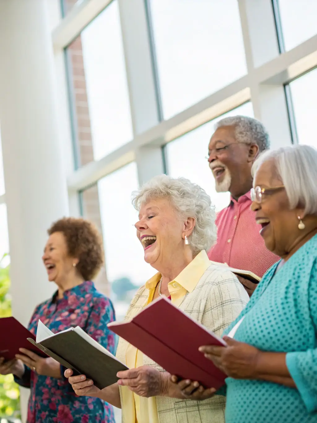 Seniors engaged in a lively music session, playing instruments and singing together at FOYER DES ANCIENS, emphasizing the fun and social aspects of the music program.