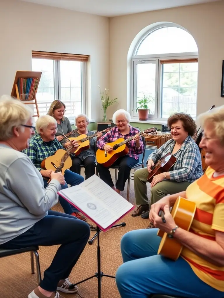 Seniors engaged in a lively music session, playing various instruments and singing together at FOYER DES ANCIENS.