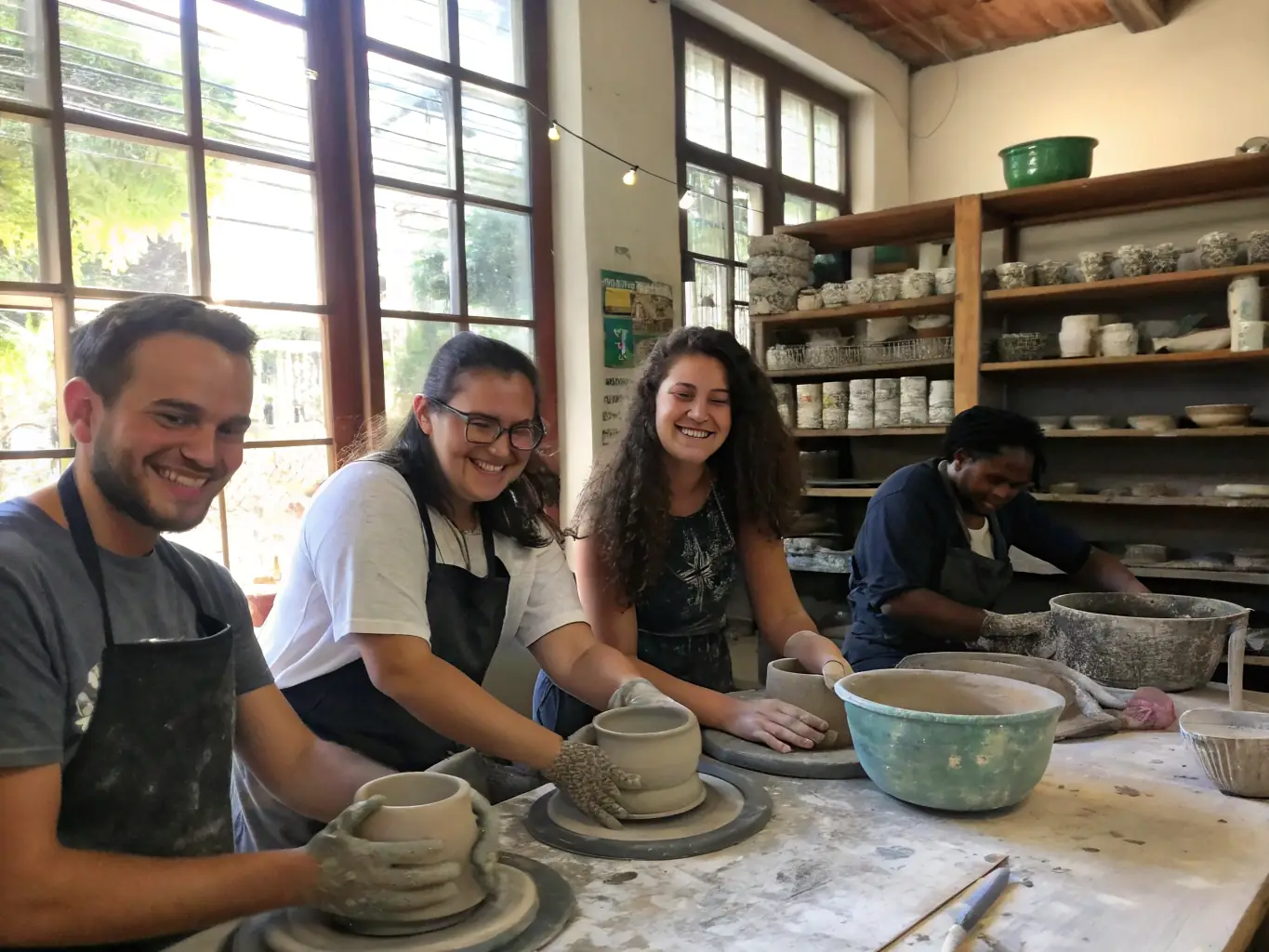 A group of seniors joyfully participating in a pottery class, their hands skillfully shaping clay on spinning wheels, showcasing the creativity and camaraderie fostered at FOYER DES ANCIENS.